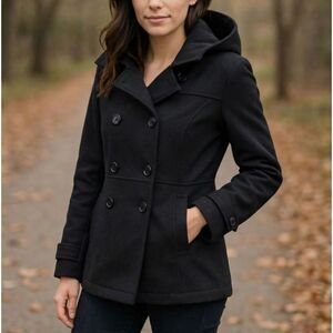 sz M - Womens Ladies Black Wool Peacoat Hooded Blazer Jacket Coat by Vans